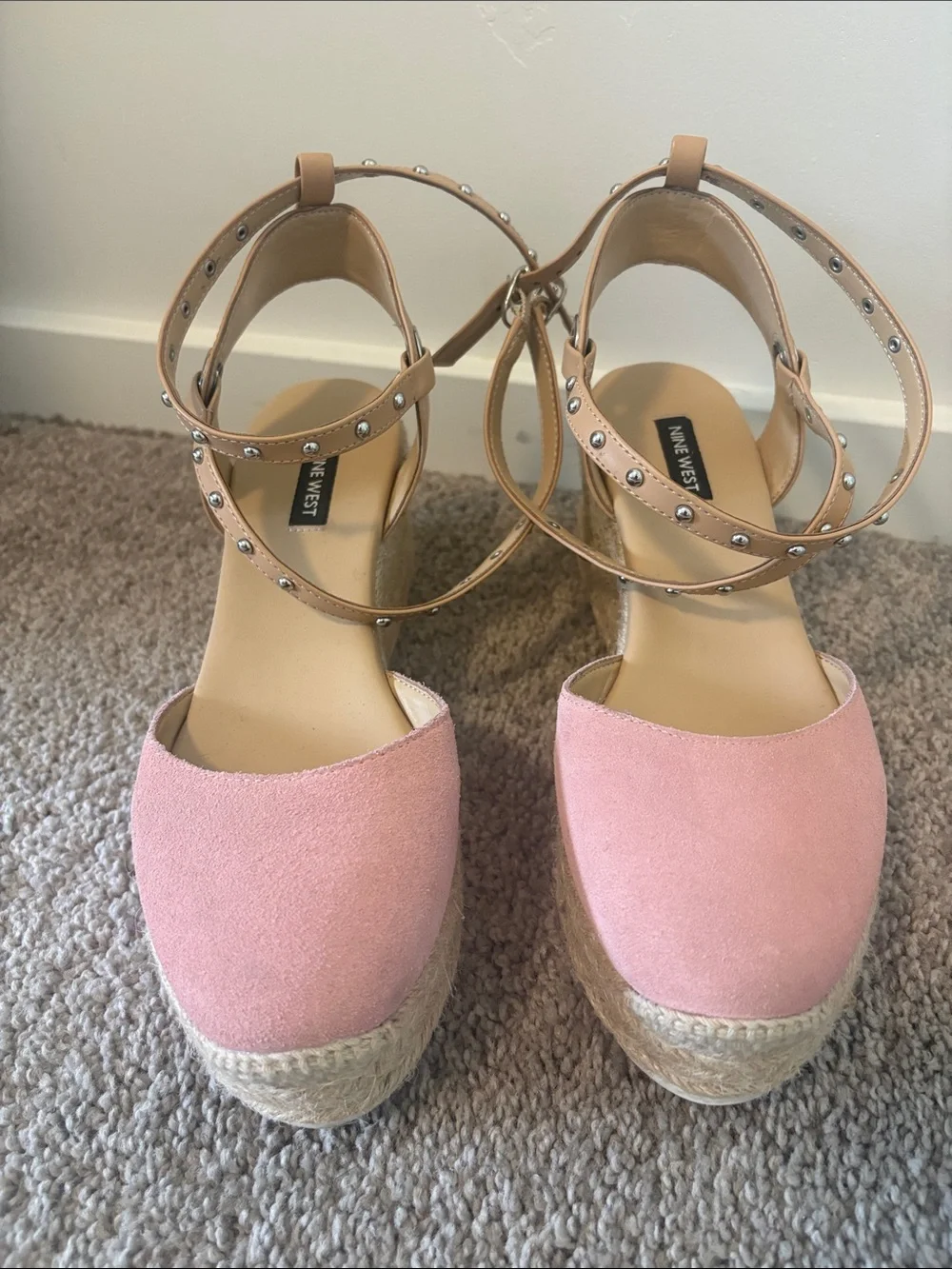 Nine West Blush Pink Espadrille Platform Wedge Sandals with Studded Ankle Straps